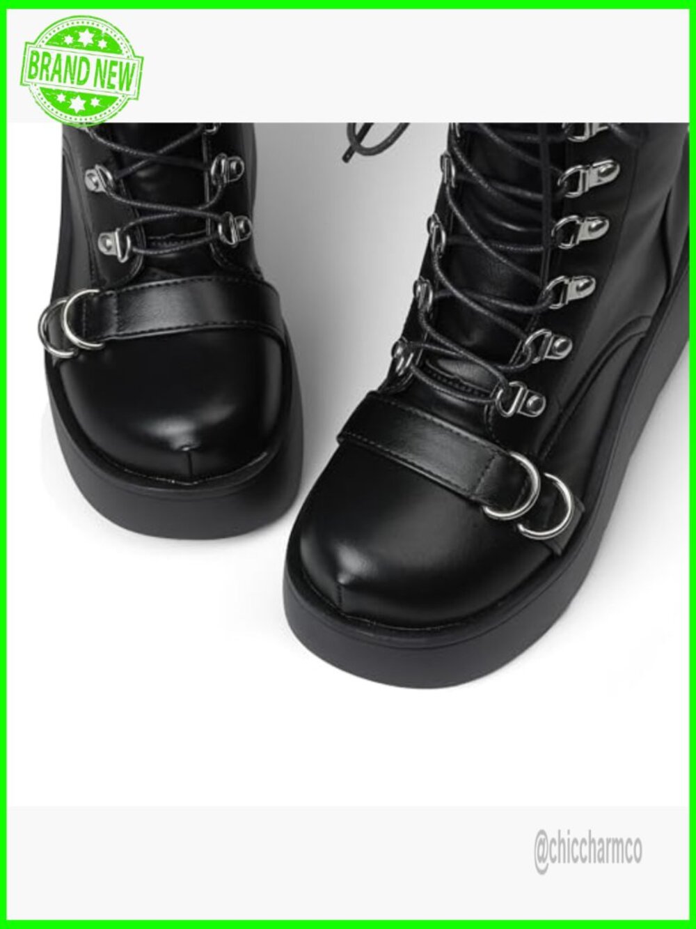 Black Wedge Combat Boots Chunky Heel Lace Up Mid Calf Gothic Shoes - Picture 7 of 7